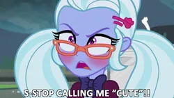 Size: 1280x720 | Tagged: safe, derpibooru import, edit, edited screencap, screencap, sugarcoat, equestria girls, friendship games, blushing, cute, embarrassed, female, frown, glare, glasses, i'm not cute, image macro, meme, open mouth, pigtails, solo, sugarcute, tsundere, tsunderecoat, twintails, wide eyes