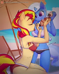 Size: 1536x1920 | Tagged: suggestive, artist:ohmymarton, derpibooru import, sunset shimmer, trixie, anthro, unicorn, bikini, breasts, clothes, duo, duo female, eyes closed, female, females only, food, hot dog, mare, mayonnaise, meat, patreon, patreon logo, sauce, sausage, swimsuit, tongue out