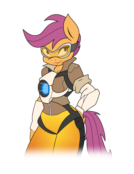 Size: 5000x6467 | Tagged: absurd resolution, anthro, artist:ambris, artist:baronbronie, clothes, colored, cosplay, costume, crossover, derpibooru import, edit, female, goggles, overwatch, safe, scootaloo, simple background, solo, tracer, transparent background, wavy mouth