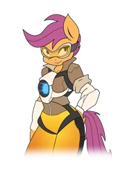 Size: 5000x6467 | Tagged: absurd resolution, anthro, artist:ambris, artist:baronbronie, clothes, colored, cosplay, costume, crossover, derpibooru import, edit, female, goggles, overwatch, safe, scootaloo, simple background, solo, tracer, transparent background, wavy mouth