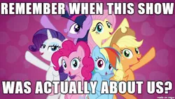 Size: 610x343 | Tagged: safe, derpibooru import, edit, edited screencap, screencap, applejack, fluttershy, pinkie pie, rainbow dash, rarity, twilight sparkle, twilight sparkle (alicorn), alicorn, pony, all bottled up, background pony strikes again, drama, drama bait, image macro, mane six, meme, op started shit, question, starlight drama