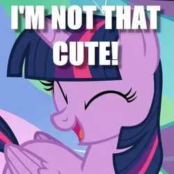 Size: 707x707 | Tagged: safe, derpibooru import, screencap, twilight sparkle, twilight sparkle (alicorn), alicorn, pony, celestial advice, adorkable, blatant lies, bronybait, cropped, cute, denial, dork, eyes closed, i'm not cute, image macro, irony, meme, modesty, smiling, solo, twiabetes