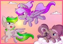 Size: 4000x2764 | Tagged: safe, artist:ashee, derpibooru import, oc, oc:mic boom, oc:nightwind, oc:violet rose, unofficial characters only, bat pony, pegasus, pony, blushing, fangs, flying, one eye closed, wink