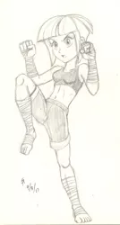 Size: 800x1494 | Tagged: suggestive, artist:mayorlight, derpibooru import, sunny flare, equestria girls, friendship games, barefoot, belly button, breasts, clothes, feet, female, kickboxing, martial arts, midriff, monochrome, muay thai, pencil drawing, raised leg, solo, sports bra, traditional art