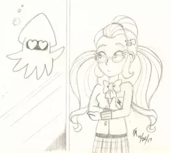 Size: 1024x913 | Tagged: safe, artist:mayorlight, derpibooru import, sugarcoat, equestria girls, friendship games, blooper, clothes, crossover, crystal prep academy uniform, heart eyes, monochrome, pencil drawing, school uniform, super mario bros., traditional art, wingding eyes