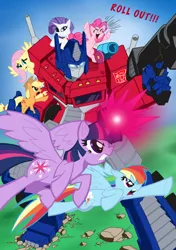 Size: 2001x2850 | Tagged: safe, artist:edcom02, artist:krynos79, derpibooru import, applejack, fluttershy, pinkie pie, rainbow dash, rarity, twilight sparkle, twilight sparkle (alicorn), alicorn, pony, robot, autobot, crossover, mane six, optimus prime, transformers