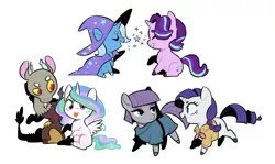 Size: 2541x1512 | Tagged: safe, artist:kianamai, derpibooru import, discord, maud pie, princess celestia, rarity, starlight glimmer, trixie, alicorn, draconequus, earth pony, pegasus, pony, unicorn, kilalaverse ii, chibi, clothes, cute, cutelestia, derp, discute, dislestia, female, lesbian, male, mare, maudabetes, rarimaud, shipping, sillestia, silly, silly pony, simple background, startrix, straight, tongue out, white background