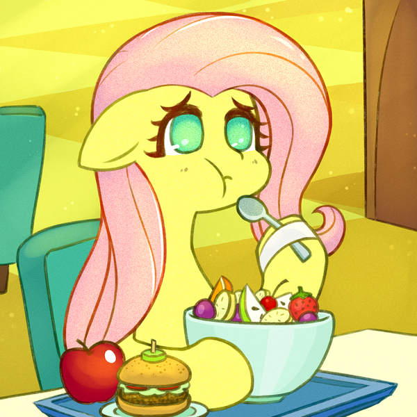 Size: 1791x1791 | Tagged: safe, artist:sigpi, derpibooru import, fluttershy, ponified, pegasus, pony, equestria girls, apple, aweeg*, burger, chair, eating, equestria girls ponified, female, floppy ears, food, fruit, fruit salad, herbivore, mare, salad, scene interpretation, solo, spoon, table