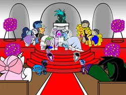 Size: 800x600 | Tagged: safe, artist:dekomaru, derpibooru import, applejack, night light, spike, trixie, twilight sparkle, twilight velvet, oc, oc:diamond cluster, oc:gerbera cluster, oc:honey cluster, oc:midnight, oc:nyx, alicorn, dragon, earth pony, pegasus, pony, tumblr:ask twixie, ask, bouquet, bridesmaid, clothes, dress, female, kissing, lesbian, magic, magical lesbian spawn, male, mare, marriage, offspring, parent:trixie, parent:twilight sparkle, parents:twixie, shipping, stallion, tumblr, twixie, wedding