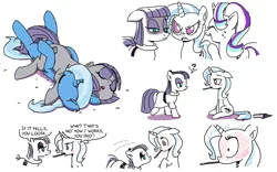 Size: 800x498 | Tagged: suggestive, artist:foudubulbe, derpibooru import, maud pie, starlight glimmer, trixie, earth pony, pony, unicorn, comic:damp rocks, blushing, cuddling, engrish, eyes closed, female, food, hilarious in hindsight, implied cunnilingus, implied oral, implied sex, jealous, lesbian, looking at each other, mare, mauxie, pocky, pocky game, shipping, simple background, sleeping, smiling, white background