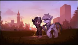 Size: 1500x865 | Tagged: safe, artist:ramiras, derpibooru import, oc, oc:kate, oc:kej, unofficial characters only, pegasus, pony, unicorn, bandana, city, clothes, commission, couple, duo, female, k+k, looking at each other, male, mare, park, scenery, stallion, sunset, sweater