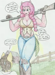 Size: 4345x5895 | Tagged: suggestive, artist:flicker-show, derpibooru import, oc, oc:honey suckle, unofficial characters only, anthro, earth pony, absurd resolution, anthro oc, barn, big breasts, braid, breasts, clothes, dialogue, female, fence, get out, gloves, gun, mare, muscles, pants, shotgun, speech bubble, traditional art, weapon