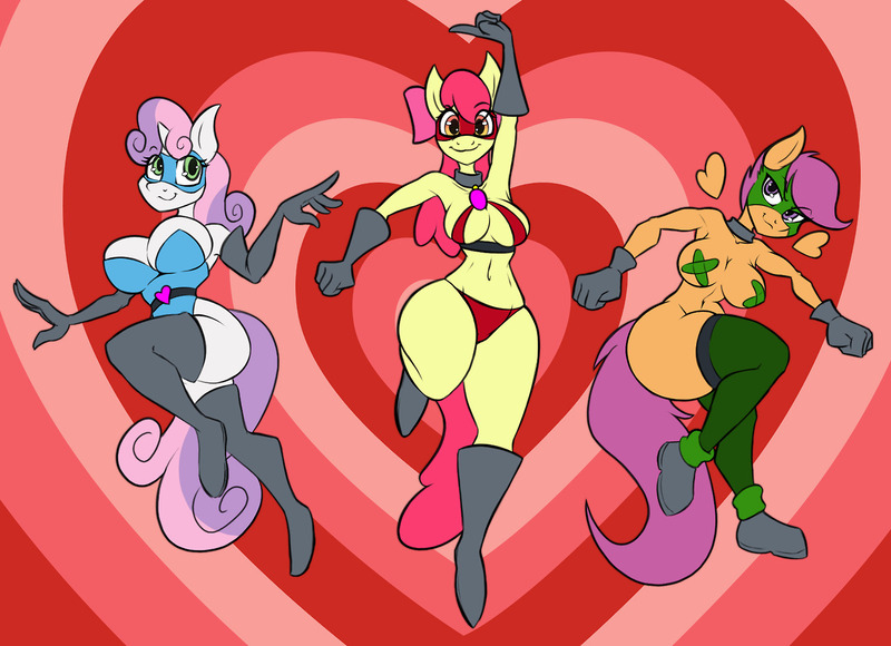 Size: 1280x928 | Tagged: questionable, artist:lil miss jay, derpibooru import, apple bloom, scootaloo, sweetie belle, anthro, absolute cleavage, armpits, belly button, bikini, boots, breasts, busty apple bloom, busty cmc, busty scootaloo, busty sweetie belle, cleavage, clothes, collar, crossover, cutie mark crusaders, female, females only, gloves, looking at you, mask, midriff, nudity, older, pasties, powerbottom pussies, powerpuff girls z, socks, swimsuit, the powerpuff girls, thigh highs, titty vixen