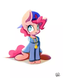 Size: 685x846 | Tagged: safe, artist:pinkieeighttwo, derpibooru import, pinkie pie, pony, backwards ballcap, baseball cap, cap, clothes, hat, rapper pie, simple background, sitting, solo, sweater, white background
