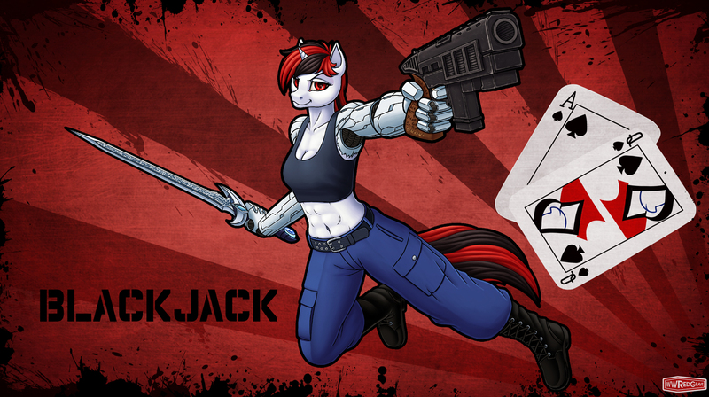 Size: 1440x806 | Tagged: safe, artist:wwredgrave, derpibooru import, oc, oc:blackjack, unofficial characters only, anthro, unicorn, fallout equestria, fallout equestria: project horizons, abs, amputee, anthro oc, boots, breasts, cleavage, clothes, female, gun, handgun, looking at you, mare, pants, pistol, prosthetic arm, prosthetic limb, prosthetics, smiling, solo, sword, tanktop, weapon