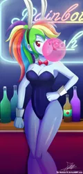 Size: 1004x2096 | Tagged: suggestive, artist:the-butch-x, derpibooru import, rainbow dash, equestria girls, alternate hairstyle, bar, bottle, bowtie, breasts, bubblegum, bunny ears, bunny suit, busty rainbow dash, cider, cleavage, clothes, colored pupils, commission, cuffs (clothes), female, food, gum, hand on hip, image, leotard, multicolored hair, pantyhose, playboy bunny, playboy bunny rainbow dash, png, ponytail, sexy, signature, solo, solo female, standing