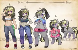 Size: 1600x1035 | Tagged: suggestive, artist:shepherd0821, derpibooru import, oc, oc:mitternacht von kloudette, unofficial characters only, anthro, human, pony, semi-anthro, unguligrade anthro, unicorn, anthro chart, anthro oc, anthro with ponies, backless, bandeau, belly button, big breasts, bipedal, breasts, cleavage, clothes, colored pupils, female, horned humanization, human female, humanized, humanized oc, looking at you, mare, midriff, raised hoof, shirt, shirt lift, sweater