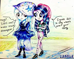 Size: 1080x868 | Tagged: safe, artist:liaaqila, derpibooru import, starlight glimmer, trixie, equestria girls, boots, cape, clothes, commission, dialogue, duo, fall formal outfits, hat, high heel boots, high heels, puddle, shivering, soaked, splash, traditional art, trixie's cape, trixie's hat, wet, wet clothes, wet hair, wet mane