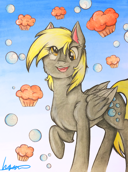 Size: 2350x3150 | Tagged: safe, artist:wintaura, derpibooru import, derpy hooves, pegasus, pony, bubble, cross-eyed, food, gradient background, high res, muffin, raised hoof, smiling, solo, traditional art, watercolor painting