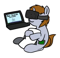 Size: 998x967 | Tagged: safe, artist:neuro, derpibooru import, oc, oc:littlepip, unofficial characters only, pony, unicorn, fallout equestria, body pillow, computer, cuddling, female, htc vive, husbando, implied anon, implied shipping, laptop computer, mare, simple background, simulator, solo, transparent background, virtual reality, vr goggles