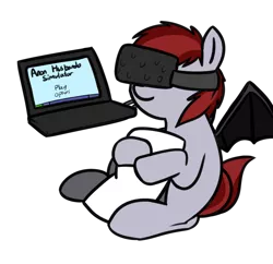 Size: 998x967 | Tagged: safe, artist:neuro, derpibooru import, oc, oc:vannie, unofficial characters only, bat pony, pony, body pillow, computer, cuddling, female, husbando, implied anon, implied shipping, laptop computer, mare, simple background, simulator, solo, transparent background, virtual reality