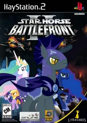 Size: 710x1000 | Tagged: safe, artist:nickyv917, derpibooru import, applejack, princess celestia, princess luna, twilight sparkle, alicorn, bat pony, earth pony, pony, unicorn, cover, droid, droid starfighter, explosion, laser, lava, parody, playstation 2, spaceship, star wars, star wars battlefront, volcano