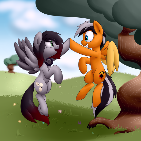 Size: 1280x1280 | Tagged: safe, artist:victoreach, derpibooru import, oc, oc:onyx penstroke, oc:renard prower, unofficial characters only, pony, cloud, cloudy, colored wings, colored wingtips, commission, duo, excited, eye contact, floating, flying, friendship, happy, headphones, hill, hoofbump, looking at each other, multicolored hair, multicolored tail, multicolored wings, open mouth, raised hoof, smiling, spread wings, wings