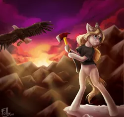 Size: 3000x2832 | Tagged: safe, artist:candyflora, derpibooru import, oc, unofficial characters only, bald eagle, eagle, earth pony, pony, semi-anthro, angry, axe, clothes, crying, female, fire axe, mare, mountain, solo, sunset, weapon