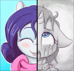 Size: 1871x1813 | Tagged: grimdark, alternate version, artist:alcor, derpibooru import, rarity, pony, unicorn, ahegao, blushing, clothes, collar, colored pupils, crying, drool, eyes rolling back, female, floppy ears, mare, messy mane, mind break, open mouth, scarf, smiling, solo, split screen, tongue out, two sided posters