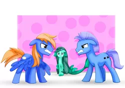 Size: 1600x1131 | Tagged: safe, artist:jucamovi1992, derpibooru import, oc, oc:electric tornado, oc:fast dumbell, oc:radne, unofficial characters only, earth pony, merpony, pegasus, pony, female, floppy ears, glare, looking at each other, male, mare, stallion, trio