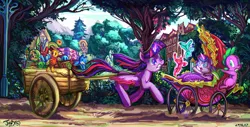 Size: 1684x854 | Tagged: safe, artist:jowybean, derpibooru import, princess flurry heart, spike, twilight sparkle, twilight sparkle (alicorn), whammy, alicorn, dragon, pony, a flurry of emotions, apology stamp, baby carriage, cart, colored wingtips, magic, mountain, running, teddy bear, telekinesis, toy, tree