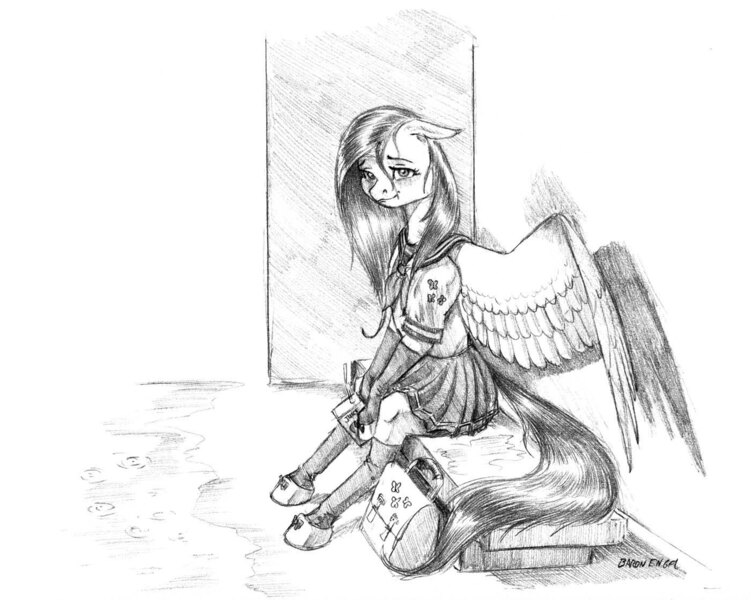 Size: 1400x1118 | Tagged: safe, artist:baron engel, derpibooru import, fluttershy, pegasus, pony, semi-anthro, bench, clothes, female, grayscale, mare, monochrome, pencil drawing, school uniform, simple background, sitting, skirt, solo, traditional art, white background