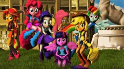 Size: 3840x2160 | Tagged: safe, artist:dj-chopin, artist:timetimeout, derpibooru import, applejack, fluttershy, pinkie pie, rainbow dash, rarity, sunset shimmer, twilight sparkle, twilight sparkle (alicorn), alicorn, equestria girls, 3d, boots, bowtie, bracelet, clothes, compression shorts, cowboy boots, cowboy hat, cute, denim skirt, grass, hat, high heel boots, horse statue, humane five, humane seven, humane six, jackabetes, jacket, jewelry, leather jacket, leg warmers, looking at you, ponied up, pony ears, ponytail, skirt, skirt lift, socks, source filmmaker, statue, stetson, waving, wings, wristband