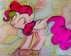 Size: 1024x808 | Tagged: safe, artist:lauren faust, artist:project-parallel, derpibooru import, pinkie pie, pegasus, pony, abstract background, eyes closed, happy, race swap, smiling, solo, traditional art