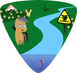 Size: 685x649 | Tagged: safe, artist:haretrinity, derpibooru import, quibble pants, jackalope, pony, seahorse, bush, pointy ponies, prank, river, sign, warning sign