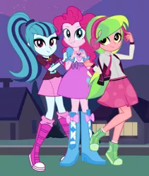 Size: 2760x3272 | Tagged: safe, artist:bubblestormx, artist:darthlena, artist:invisibleone11, artist:themexicanpunisher, derpibooru import, lemon zest, pinkie pie, sonata dusk, equestria girls, balloon, boots, bracelet, clothes, cute, headphones, heart hands, high heel boots, jewelry, necktie, pendant, ponytail, raised leg, shoes, skirt, smiling, socks, spikes