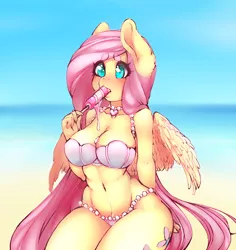 Size: 566x600 | Tagged: anthro, arm behind back, artist:tolsticot, beach, beautiful, belly button, big breasts, bikini, bikini babe, blushing, breasts, busty fluttershy, cleavage, clothes, curvy, derpibooru import, female, fluttershy, food, jeweled swimsuit, mare, pearl, pegasus, pink swimsuit, pinup, popsicle, seashell bra, sexy, solo, solo female, stupid sexy fluttershy, suggestive, swimsuit, water, wide hips