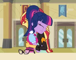 Size: 1931x1534 | Tagged: safe, artist:pyrus-leonidas, derpibooru import, sci-twi, sunset shimmer, twilight sparkle, equestria girls, spoiler:eqg specials, bowtie, canterlot high, clothes, comforting, crying, doors, eyes closed, female, glasses, glasses off, hair bun, hug, jacket, leather jacket, lesbian, scitwishimmer, shipping, sunsetsparkle