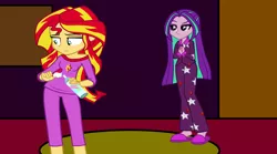 Size: 1500x833 | Tagged: safe, artist:aliciathefox231, artist:ktd1993, artist:zuko42, derpibooru import, aria blaze, sunset shimmer, equestria girls, alternate hairstyle, can, clasped hands, clothes, female, food, lesbian, loose hair, pajamas, shipping, slippers, sunblaze, whipped cream