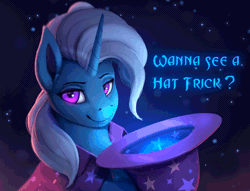 Size: 750x573 | Tagged: safe, artist:rodrigues404, derpibooru import, trixie, pony, unicorn, animated, beautiful, cape, cinemagraph, clothes, dialogue, female, gif, glowing eyes, hat, looking at you, loop, mare, perfect loop, smiling, smirk, solo, trixie's cape, trixie's hat