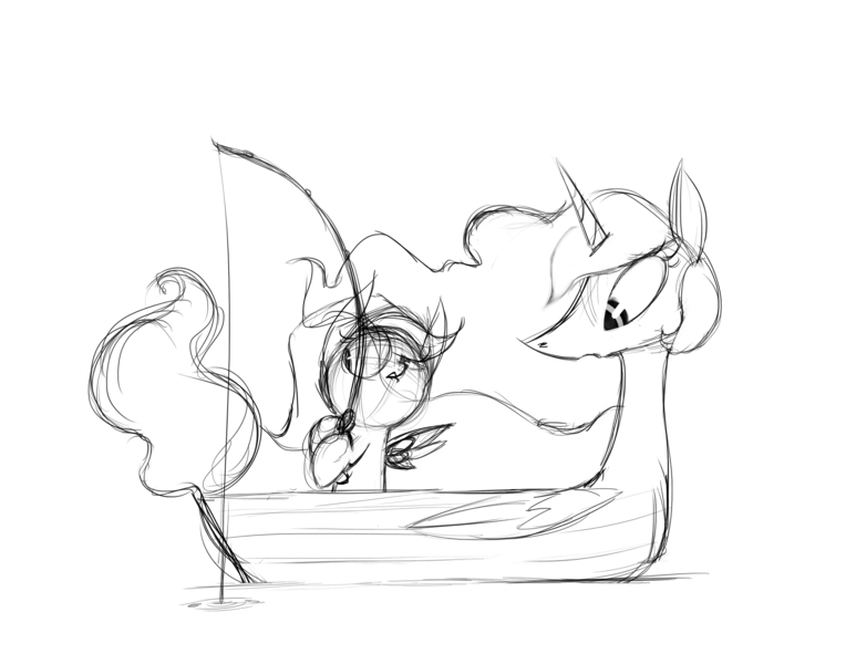 Size: 4200x3300 | Tagged: safe, artist:talonsofwater, derpibooru import, princess celestia, scootaloo, alicorn, pony, absurd resolution, boat, female, fishing, fishing rod, link, mare, monochrome, the legend of zelda