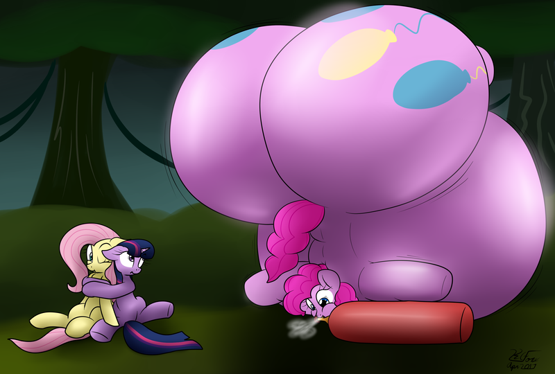 Size: 3265x2204 | Tagged: questionable, artist:the-furry-railfan, derpibooru import, fluttershy, pinkie pie, twilight sparkle, earth pony, pegasus, pony, unicorn, fanfic, fanfic:evil expandtress, balloonie pie, belly, blimp, butt expansion, everfree forest, fanfic art, growth, helium tank, hug, huge butt, impossibly large belly, impossibly large butt, inflated ears, inflation, large butt, puffy cheeks, scared, squeezing, unicorn twilight, worried