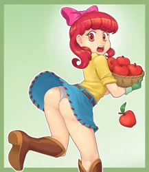Size: 3002x3451 | Tagged: adorabloom, adorasexy, apple, apple bloom, artist:nauth, ass, belt, bloom butt, boots, bow, clothes, cute, denim skirt, derpibooru import, female, food, gloves, hair bow, human, humanized, panties, panty shot, red hair, sexy, shirt, shoes, skirt, skirt lift, solo, solo female, suggestive, thighs, underwear, upskirt, white underwear, wind