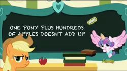 Size: 1920x1080 | Tagged: safe, derpibooru import, edit, edited screencap, screencap, applejack, princess flurry heart, alicorn, pony, a flurry of emotions, applebuck season, apple, applejack is not amused, chalk, chalkboard, exploitable meme, fancy mathematics, flurry art, flurry heart's chalkboard, food, math, meme, princess flurry smart, unamused