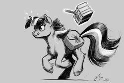 Size: 1200x800 | Tagged: safe, artist:amarynceus, deleted from derpibooru, derpibooru import, twilight sparkle, pony, unicorn, book, cloven hooves, female, magic, mare, monochrome, running, saddle bag, simple background, sketch, solo, telekinesis, tongue out, unshorn fetlocks