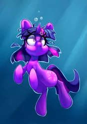 Size: 2605x3727 | Tagged: safe, artist:lilfunkman, artist:sourspot, derpibooru import, twilight sparkle, pony, unicorn, air bubble, bubble, collaboration, female, mare, solo, underwater, unicorn twilight