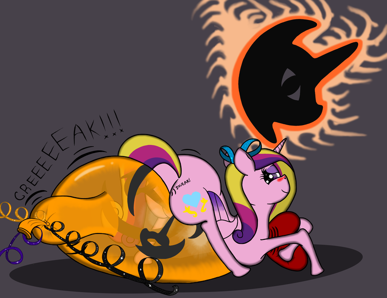 Size: 4968x3825 | Tagged: suggestive, artist:th3ph0b1ap0n3, derpibooru import, princess cadance, pony, absurd resolution, balloon, balloon fetish, balloon popping, balloon sitting, blushing, female, fetish, looking back, plot, riding, simple background, solo, solo female, squeak, the ass was fat