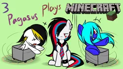 Size: 1600x900 | Tagged: safe, artist:snowbunny0820, derpibooru import, oc, oc:huirou lazuli, oc:snowbunny, unofficial characters only, pegasus, pony, cart, ear piercing, earring, heterochromia, jewelry, minecart, minecraft, necktie, piercing, simple background, trio, x eyes