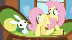 Size: 1920x1080 | Tagged: safe, derpibooru import, screencap, angel bunny, fluttershy, pony, the hooffields and mccolts, book, booty call, couch, glowing cutie mark, looking back, unamused, window