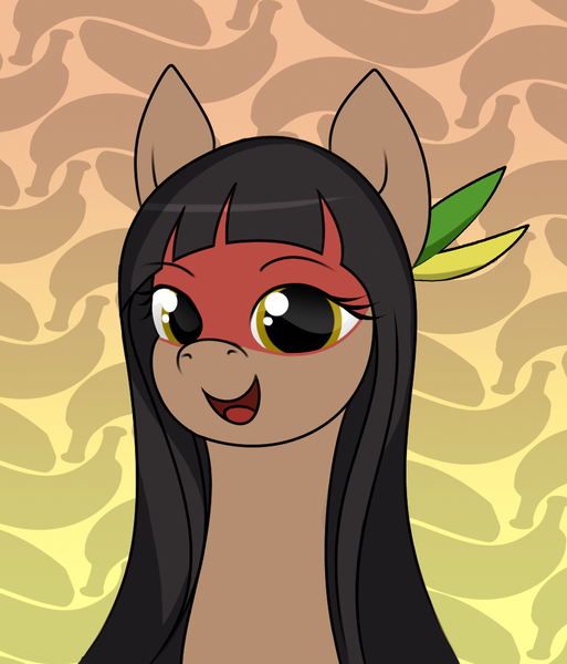 Size: 928x1086 | Tagged: safe, artist:eqamrd, derpibooru import, oc, oc:kuruminha, ponified, unofficial characters only, earth pony, pony, banana, brazil, brchan, face paint, feather, female, food, indigenous brazilian, mare, mascot, solo